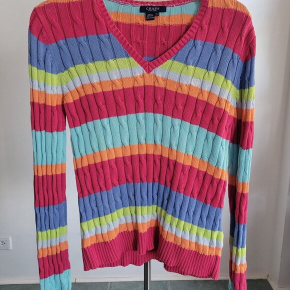 Chaps Cable Knit Striped Pastel Rainbow Cotton Sweater (Size: Large) - Picture 10 of 15